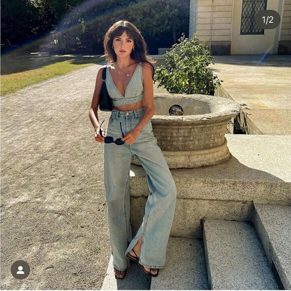 NEW Source Unknown Blogger Favorite Wide Slit Jeans + Top in Soft Blue - Picture 3 of 17